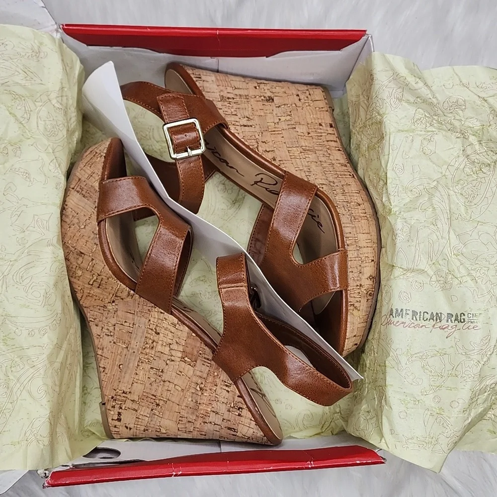 American Rag Rochelle Platform Wedge Sandals Cognac Smooth Cork